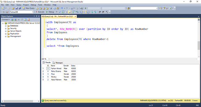 Delete Duplicate Record From SQL Database Using CTE